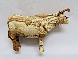 Rustic Folk Art Wood Tree Bark Cow Bull Buffalo Figurine