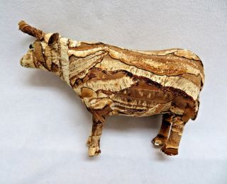 Rustic Folk Art Wood Tree Bark Cow Bull Buffalo Figurine 3