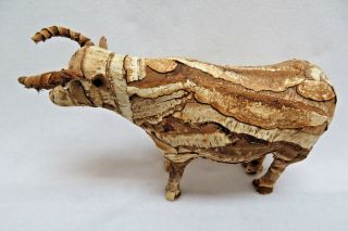 Rustic Folk Art Wood Tree Bark Cow Bull Buffalo Figurine 5