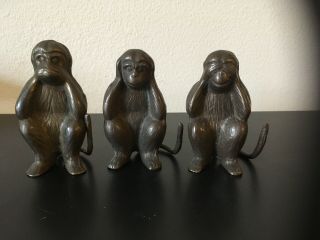 Vintage Brass Bronze Wise Monkeys Set,  See No Evil,  Hear No Evil,  Speak No Evil