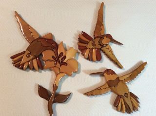 Three Piece Hummingbird Intarsia Wood Art