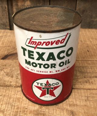 Vintage Improved Texaco Motor Oil 1 Qt Gas Service Station Metal Can Nos