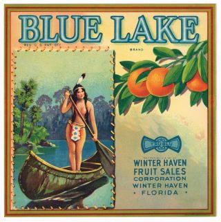 Florida Orange Crate Label Blue Lake Indian Vintage 7x7 " C1930 American