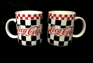 Two Coca - Cola Collectible Coffee Mug Gibson Checkered Flag 1996 Black Red White