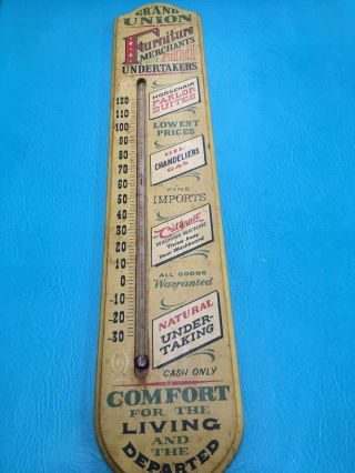 Grand Union Furniture Merchants And Undertakers Thermometer Antique Wood Sign