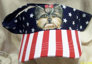 Hand Painted Yorkie Dog On Cotton Stars And Stripes Visor Adjustible