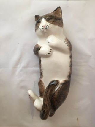 Sleeping Cat Kitty Kitten Napping On Back Ceramic Glazed Cute White Brown