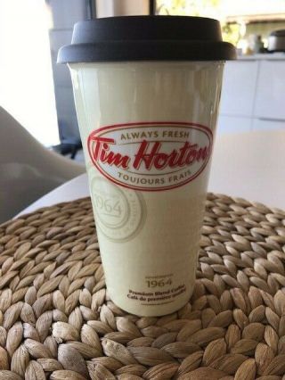 Tim Hortons 2012 Ceramic Travel Tumbler Mug Coffee Cup Silcone Lid