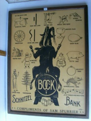 Antique " Schnitzel Bank Bock " Beer Advertising Sign Early 1900 