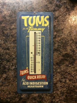 Vintage Tums " For The Tummy " Metal Thermometer Sign Medicine