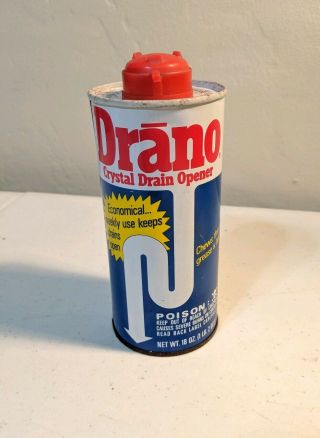 Vintage Nos 1977 Crystal Drano Drain Opener Tin Can Poison Prop Full Bottle