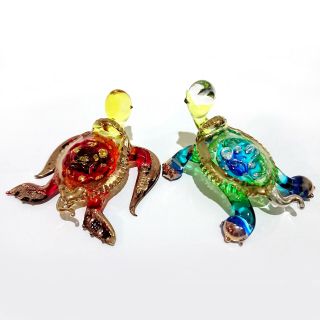 2 Turtles Figurine Animal Hand Paint Blown Glass Art Gold Trim Collectible Gift