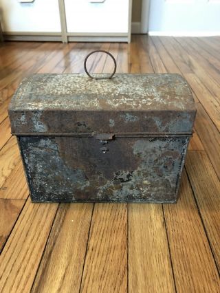 Vintage Antique Metal Tin Box Hinged Domed Lid Primitive Rustic Trunk Shape