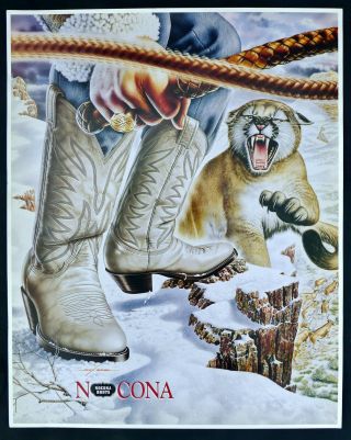 Vtg 1980s Rare Nocona Boots Store Display Poster Mountain Lion Alex Ebel Rodeo