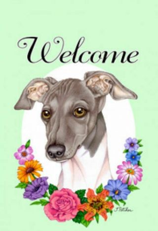 Welcome Flowers Garden Flag - Italian Greyhound 630651