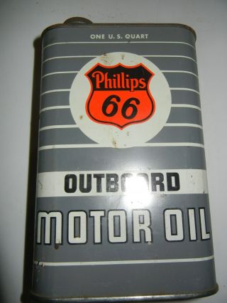 Vintage PHILLIPS 66 OUTBOARD MOTOR OIL Metal Quart Can ORANGE 8