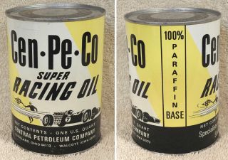 Vintage Cen - Pe - Co Racing 1 Quart Motor Oil Can – Full And In Great Shape