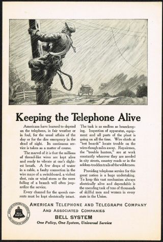 1920s Vintage Bell Telephone System Lineman Art Print Ad