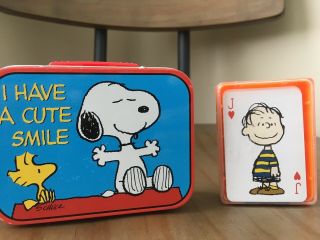Snoopy Peanuts Charlie Brown Collectible Mini Tin Lunch Box With Playing Cards
