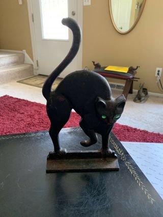 Vintage Black Cat Cast Iron Doorstop With Green Glass Eyes 12 " Tall (rare)