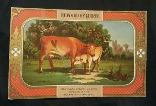 Vintage Antique Victorian Reward Of Merit Card Award Cows Farm Golden Rule