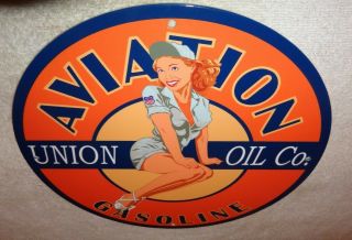 Vintage Union Oil Company Aviation Gasoline,  Model 11 3/4 " Porcelain Metal Sign