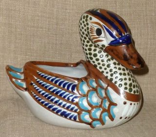 Hand Made & Hand Painted Mexican Folk Art Pottery Duck Planter Mateos,  Mexico