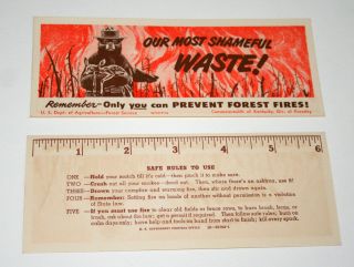 Vtg 1960s Kentucky Forestry Smokey The Bear Fire Prevention Paper Ruler Nos