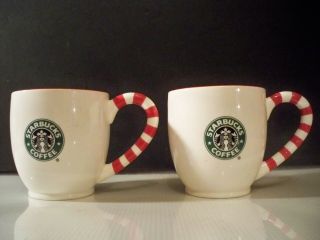 2 Starbucks 2010 Coffee Mugs Snow Flake Red And White Striped Peppermint Stick