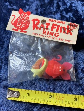 Vintage 1960s Ed Roth Rat Fink Ring In Package Pink With Yellow 60s