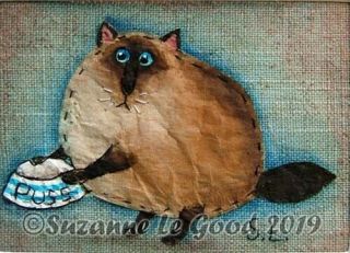 Siamese Cat Art Painting Aceo Teabag On Linen Mounted Suzanne Le Good