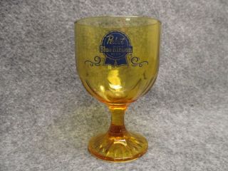 Vintage Pabst Blue Ribbon Beer Heavy Amber Glass Footed Goblet Blue Logo Ad