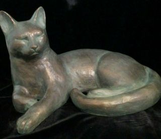 Large Resin Sleeping Cat Statue Sculpture In Aged Bronze Patina Finish Rare
