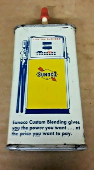 Vintage Sunoco 4 Oz Household Oil Can Handy Oiler Tin W/ Gas Pump Rear