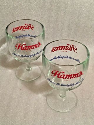 Two Vintage 1970 ' s Hamm ' s Beer Pedestal Thumbprint Goblets Glasses 12 oz. 2