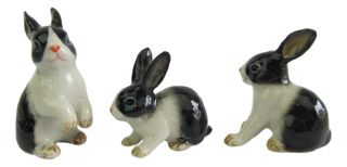 Miniature Ceramic Hand Painted Black & White Rabbit Figurines - Set Of 3
