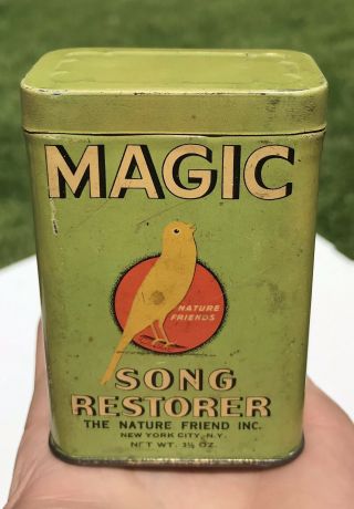 Vintage 1940/1950’s Magic Song Restorer Canary Food Bird Tin Can Advertising Vg,