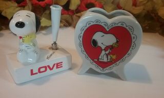 Vintage Peanuts Snoopy & Woodstock Ceramic Heart Vase And Love Pen Holder