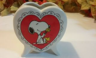 Vintage Peanuts Snoopy & Woodstock Ceramic Heart Vase and LOVE Pen Holder 2