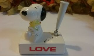 Vintage Peanuts Snoopy & Woodstock Ceramic Heart Vase and LOVE Pen Holder 5