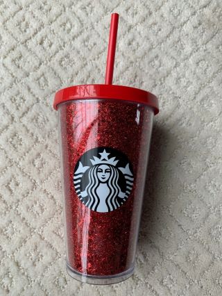 Starbucks 2018 Holiday Red Glitter Stars Cold Drink Cup 16oz