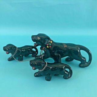 Ceramic Black Panther Animal With Two Cubs Vintage Retro 50 