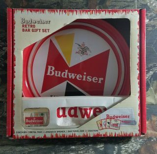 Budweiser Retro Bar Gift Set With Tray Bottle Opener Towel & 12 Coaster Nib Cw