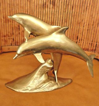 Vintage Brass Figurine / Dolphins On Wave / 8 " Tall