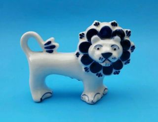 Lion Lioness Head Face Blue White Painted Ceramic Statue Vintage Figurine 4x4.  5 "