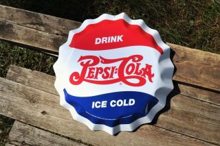 Drink Pepsi - Cola Bottle Cap Tin Metal Sign - Ice Cold - Soda - Pepsi - Retro