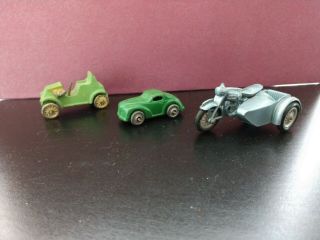 Vintage Blue Lesney Triumph T110 Motorcycle With Sidecar,  2 Green Mini Toy Cars