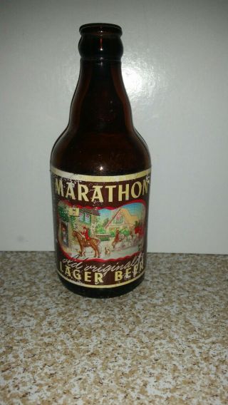 Vintage Marathon Lager Amber Beer Bottle Marathon City Wisconsin Paper Label