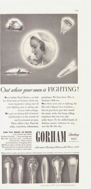 1942 Gorham Sterling English Gadroon Greenbrier King Edward Nocturne Print Ad