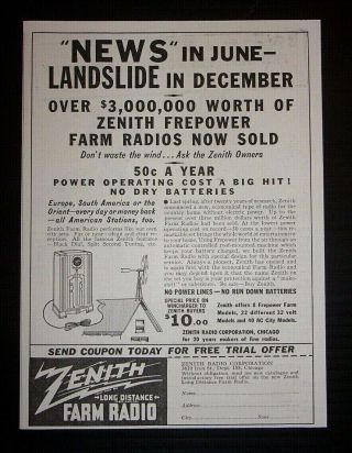 1936 Zenith Long Distance Farm Radio Advertisement Chicago,  Illinois
